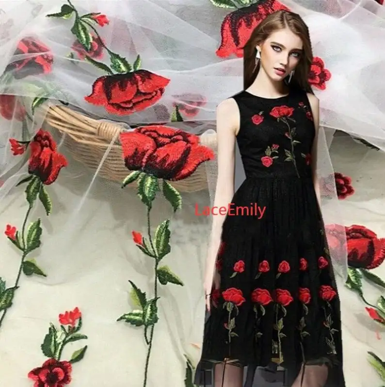 Красная роза Кружевная ткань с – обзор и цена Embroidery Roses
